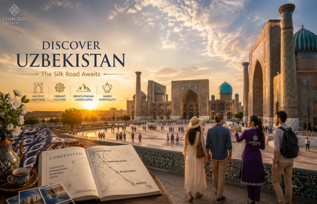 Travelers exploring a historic landmark in Uzbekistan with an experienced local guide